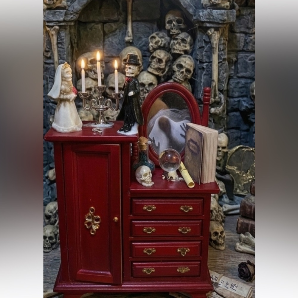 Red Miniature Vanity Dresser with Spooky Mirror - Decorative Home Storage
